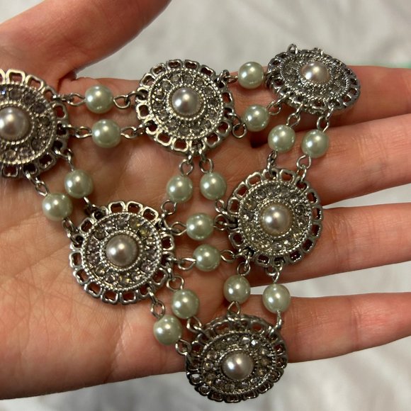 Medallion Silver & Pearl Statement Necklace - Picture 9 of 9